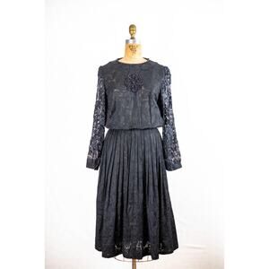 Vintage 60s Black Lace Midi Dress, Witchy Gothic, Beaded Long Sleeve, Small